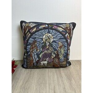 VTG Dakota Tapestry Pillow Nativity Decor Stained Glass Baby Jesus 16”